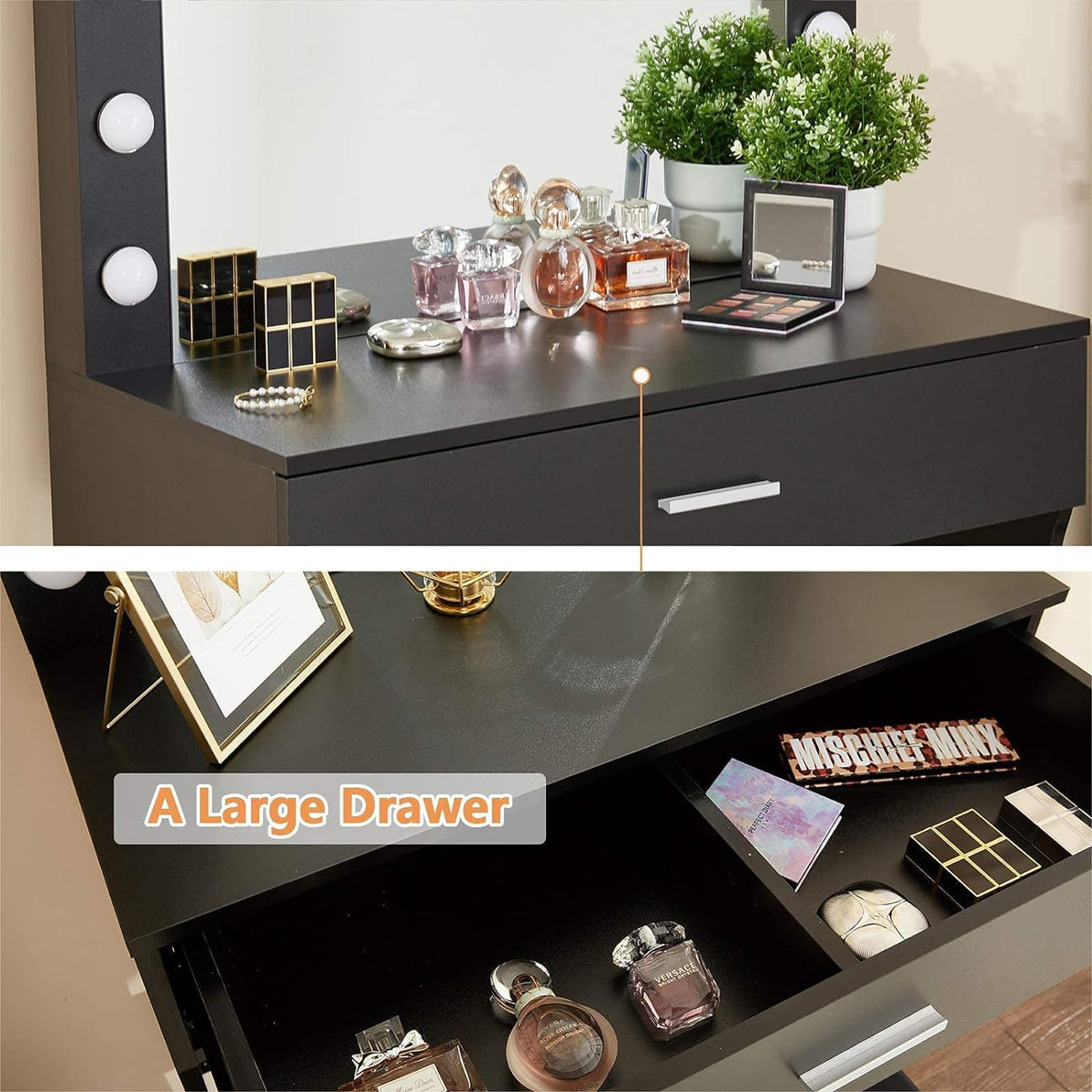 Professional Makeup Vanity Desk with Mirror and Adjustable Lighting, Sturdy Wood Construction, Large Drawer, 31.5 Inches, Black