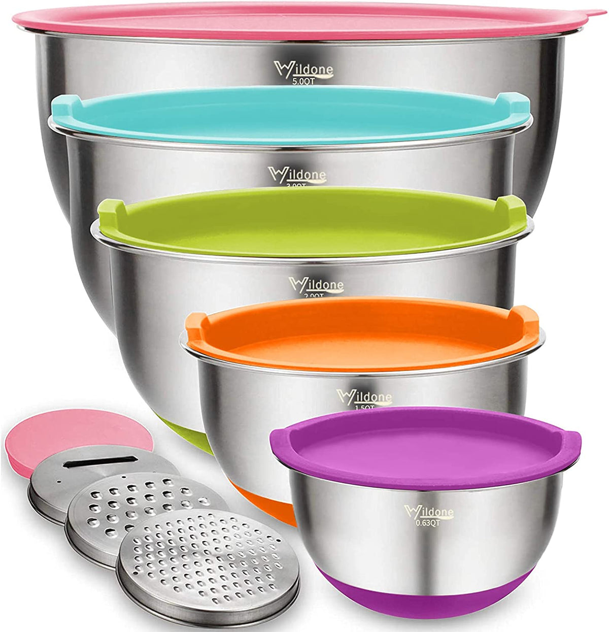 Mixing Bowls with Airtight Lids Set, 5PCS Stainless Steel Nesting Bowls for Kitchen, with Grater Attachments & Non-Slip Bottoms, Size 5, 3, 2, 1.5, 0.63 QT, for Baking & Serving (Colorful)