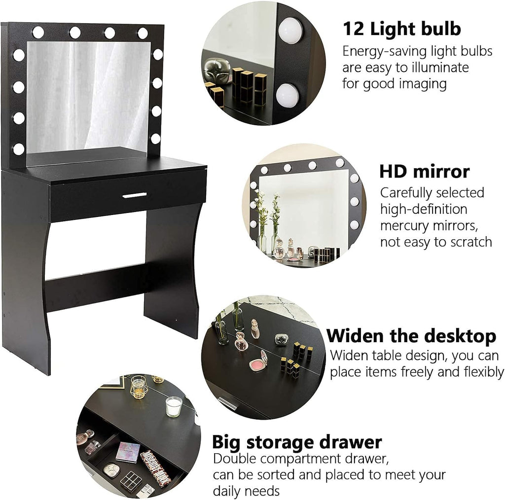 Professional Makeup Vanity Desk with Mirror and Adjustable Lighting, Sturdy Wood Construction, Large Drawer, 31.5 Inches, Black