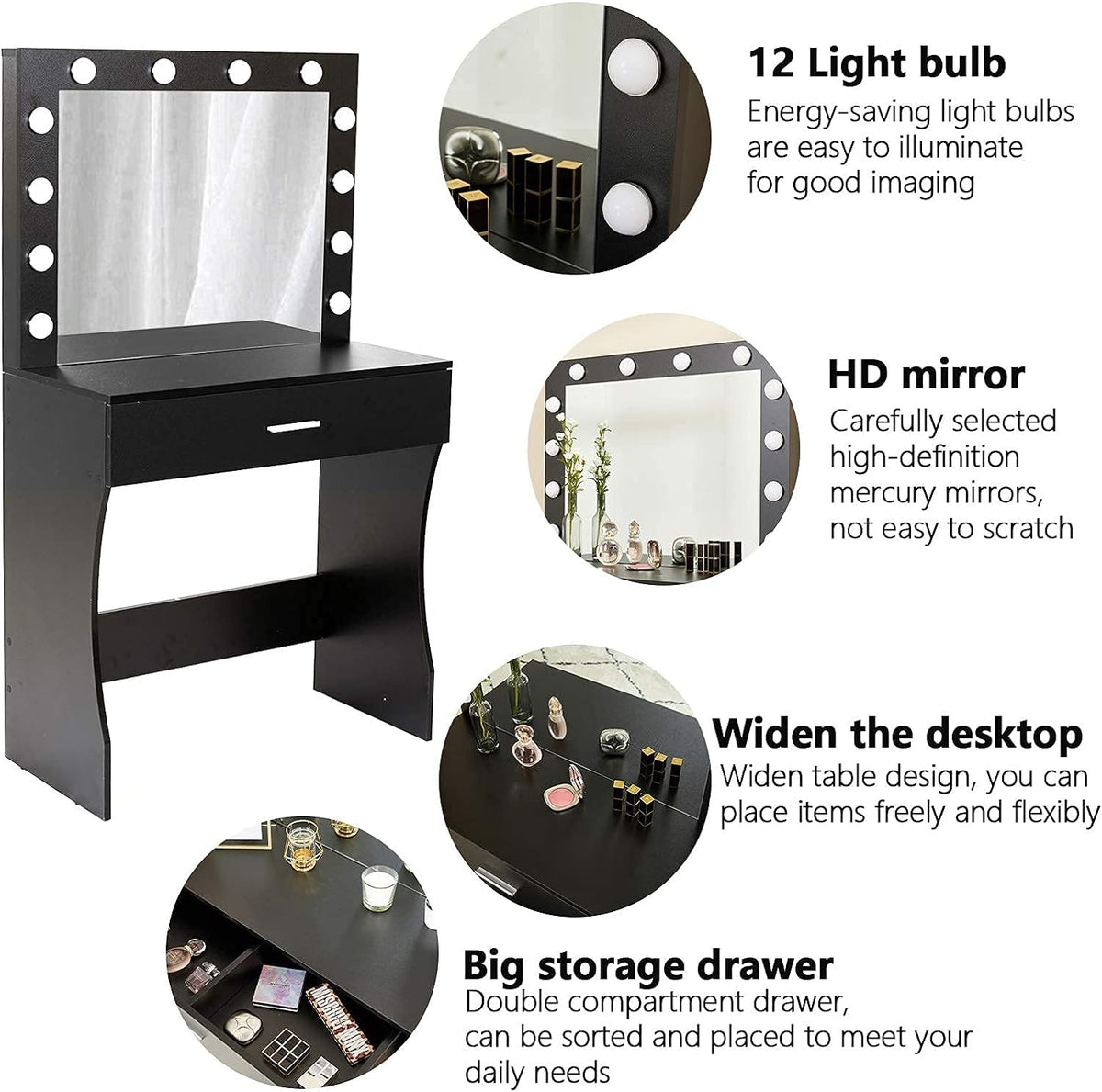 Professional Makeup Vanity Desk with Mirror and Adjustable Lighting, Sturdy Wood Construction, Large Drawer, 31.5 Inches, Black