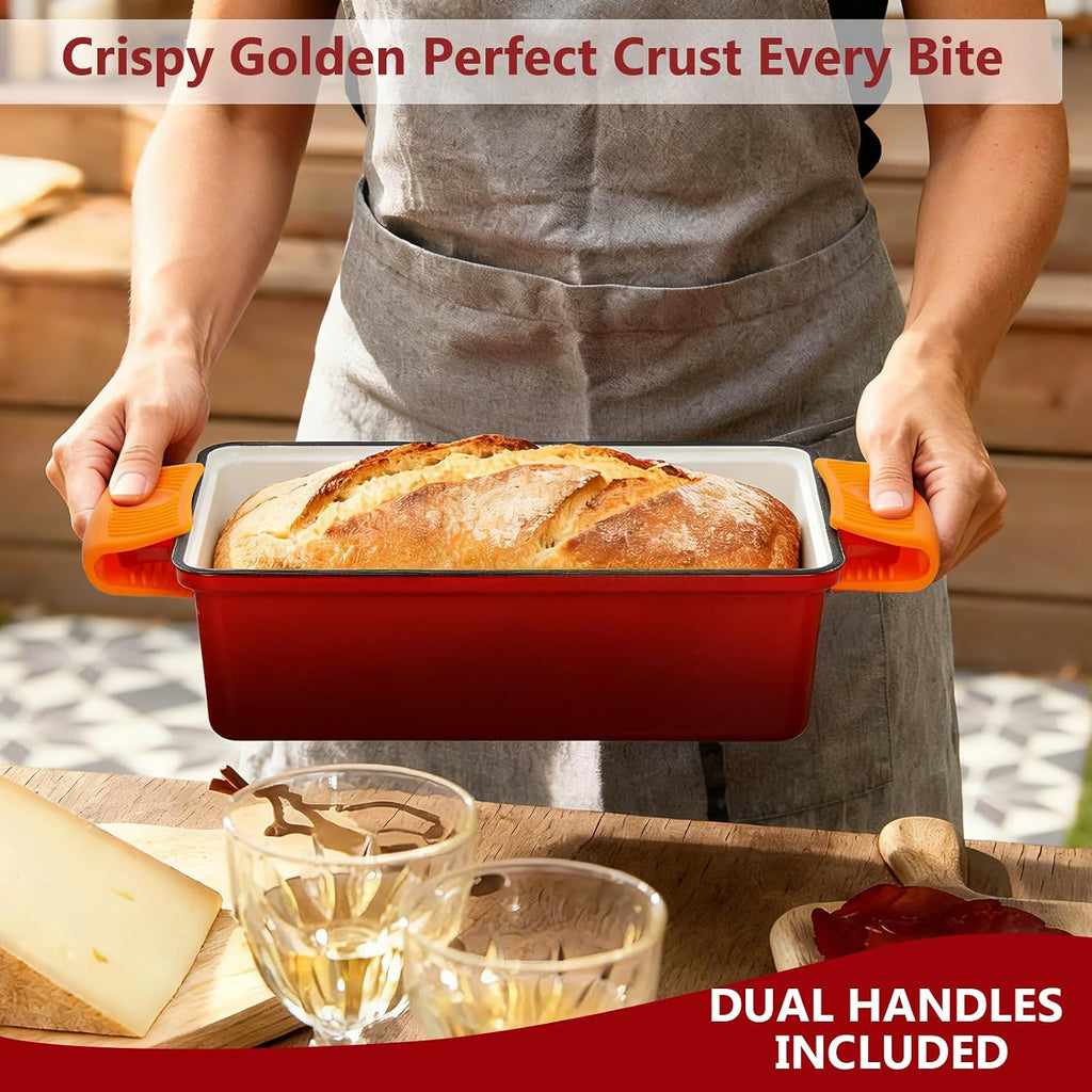 2 in 1 Enameled Cast Iron Bread Pan with Lid, 9X5 Loaf Pans for Homemade Sourdough Bread, Cake, Meatloaf, Even Heating Bread Dutch Oven, Red