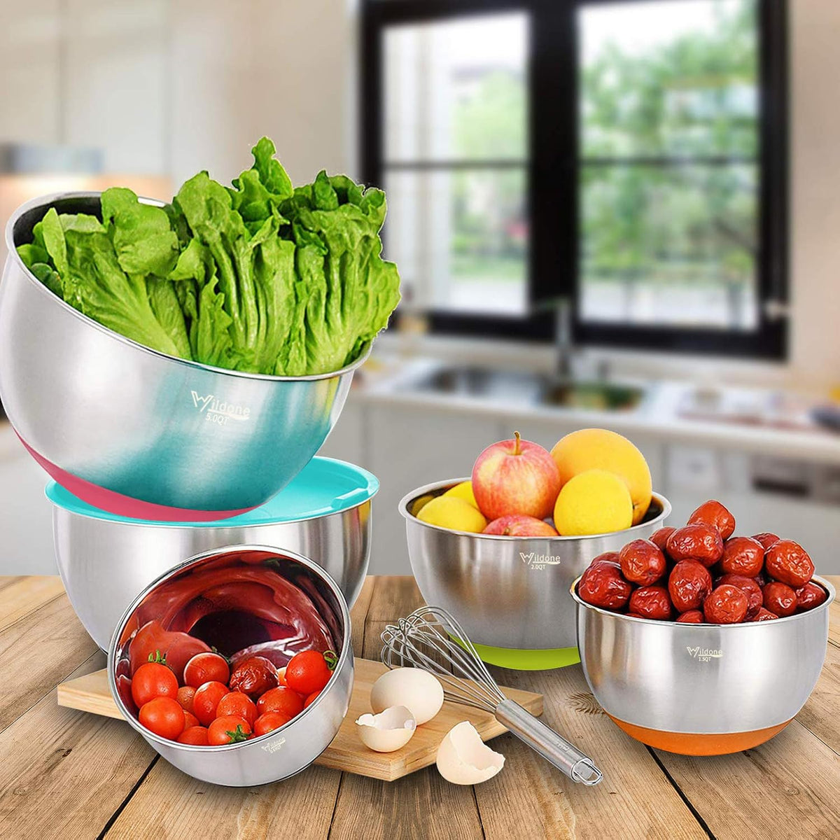 Mixing Bowls with Airtight Lids Set, 5PCS Stainless Steel Nesting Bowls for Kitchen, with Grater Attachments & Non-Slip Bottoms, Size 5, 3, 2, 1.5, 0.63 QT, for Baking & Serving (Colorful)