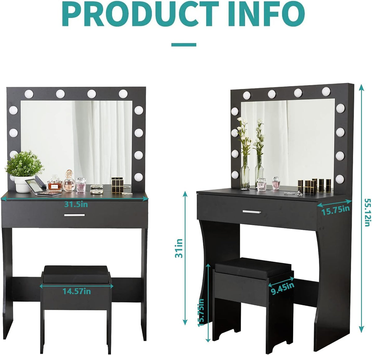 Professional Makeup Vanity Desk with Mirror and Adjustable Lighting, Sturdy Wood Construction, Large Drawer, 31.5 Inches, Black