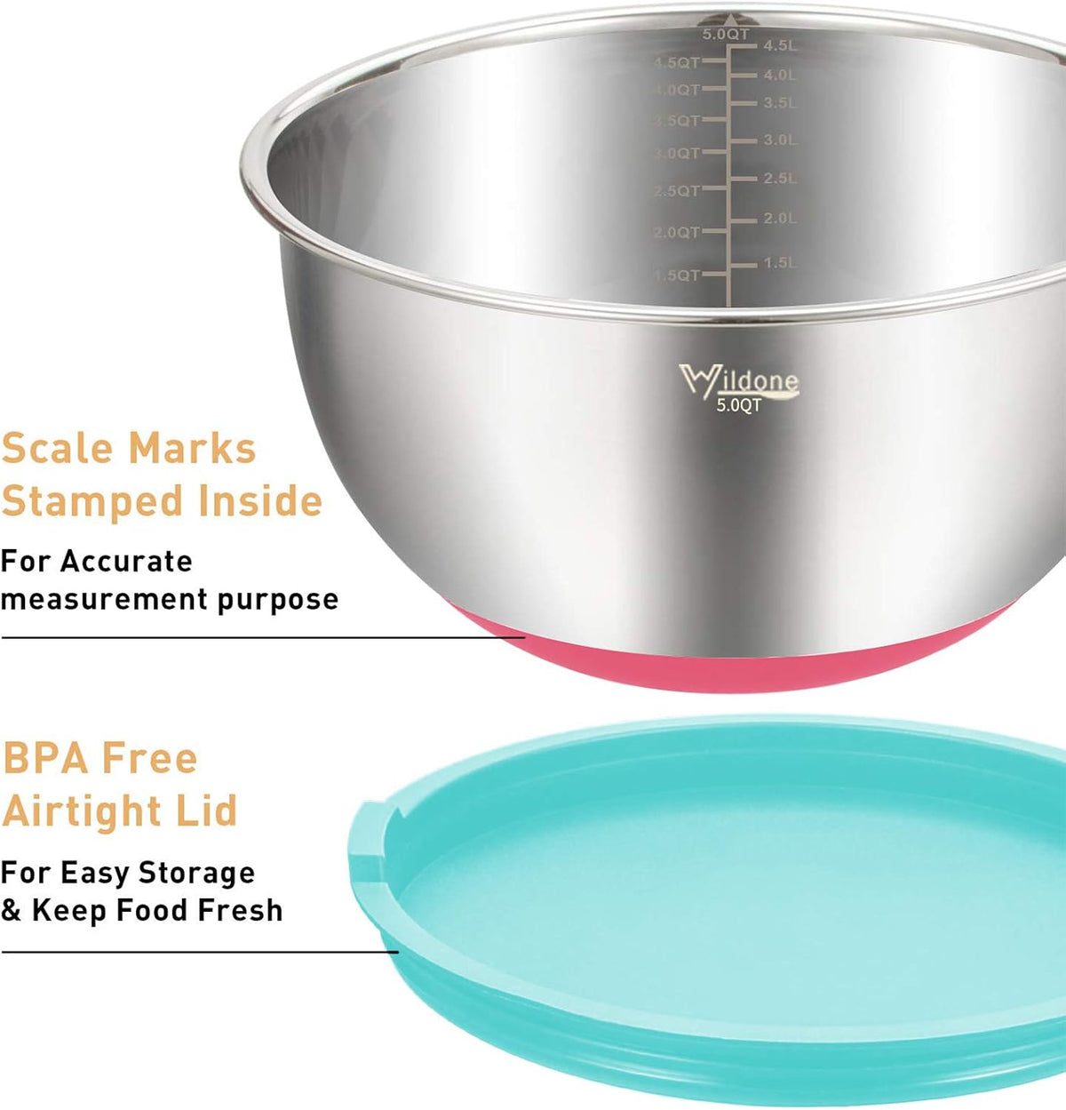 Mixing Bowls with Airtight Lids Set, 5PCS Stainless Steel Nesting Bowls for Kitchen, with Grater Attachments & Non-Slip Bottoms, Size 5, 3, 2, 1.5, 0.63 QT, for Baking & Serving (Colorful)