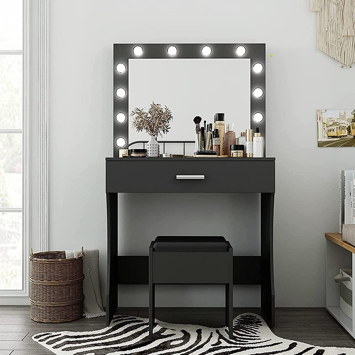Professional Makeup Vanity Desk with Mirror and Adjustable Lighting, Sturdy Wood Construction, Large Drawer, 31.5 Inches, Black