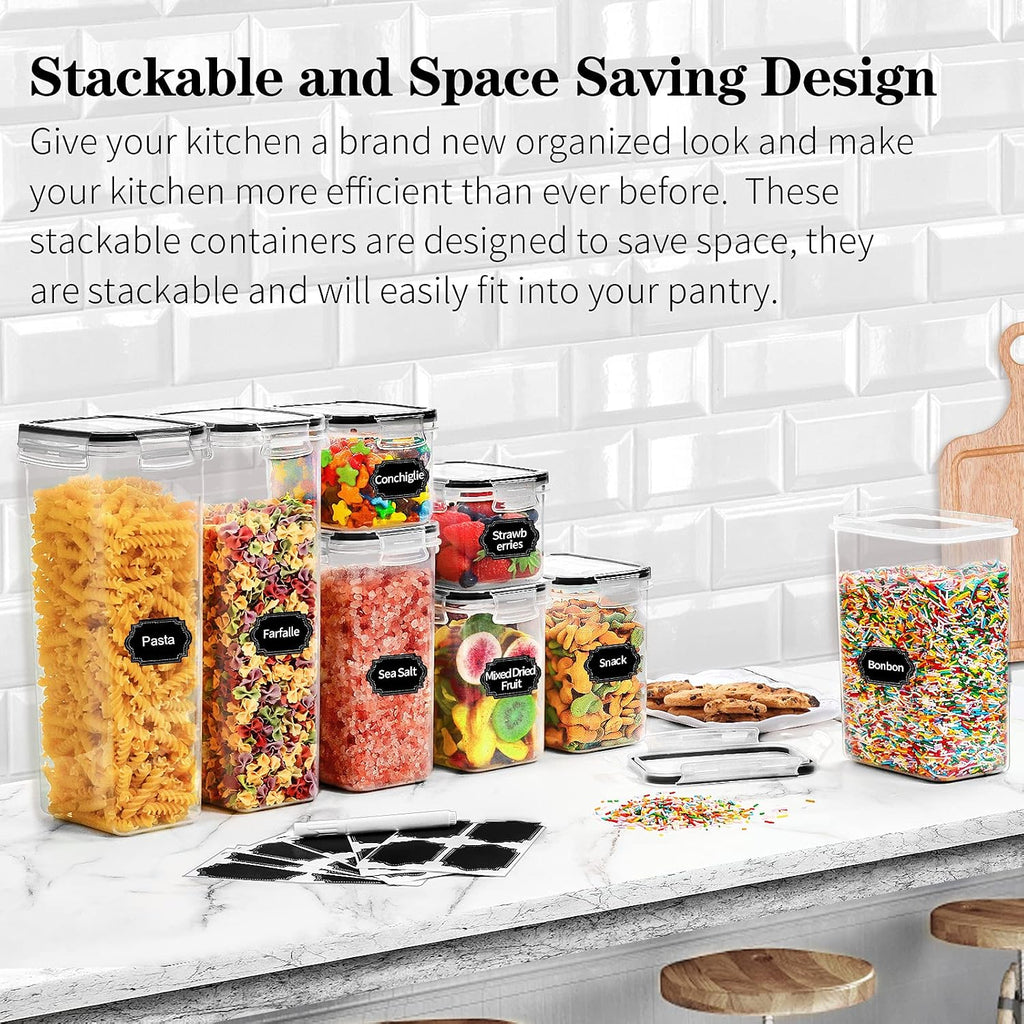 Airtight Food Storage Containers with Lids, 14PC Plastic Kitchen Storage Containers for Pantry Organization and Storage, Cereal, Flour and Sugar Containers, Include 20 Labels & Pen