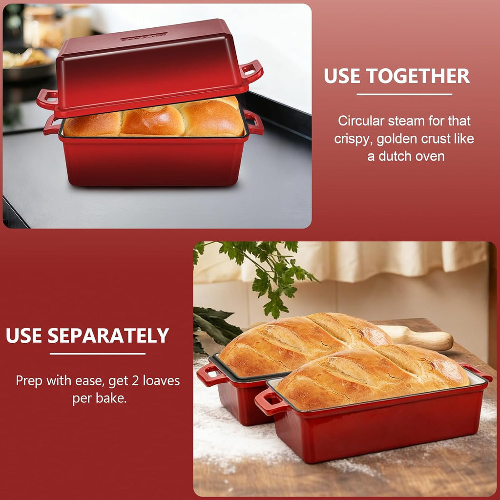 2 in 1 Enameled Cast Iron Bread Pan with Lid, 9X5 Loaf Pans for Homemade Sourdough Bread, Cake, Meatloaf, Even Heating Bread Dutch Oven, Red