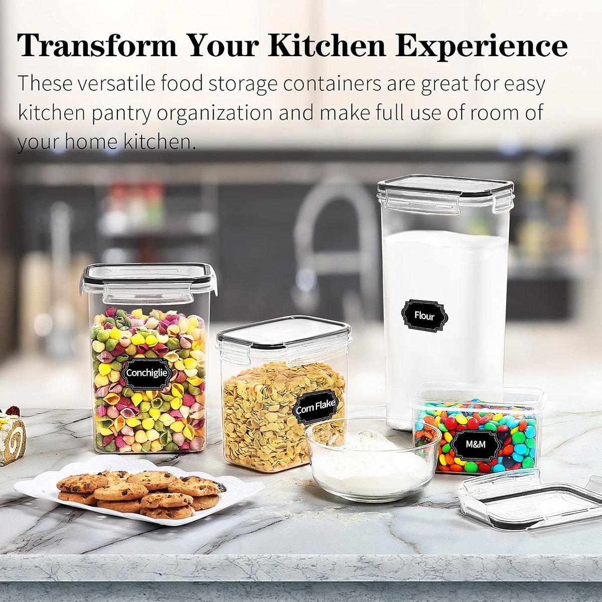 Airtight Food Storage Containers with Lids, 14PC Plastic Kitchen Storage Containers for Pantry Organization and Storage, Cereal, Flour and Sugar Containers, Include 20 Labels & Pen