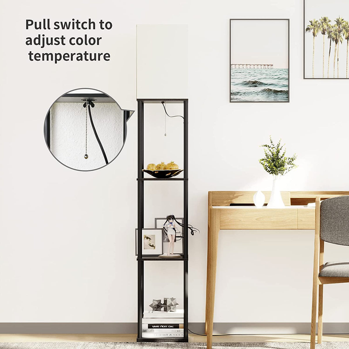 Floor Lamp with Shelves, Standing Lamps for Living Room, Black
