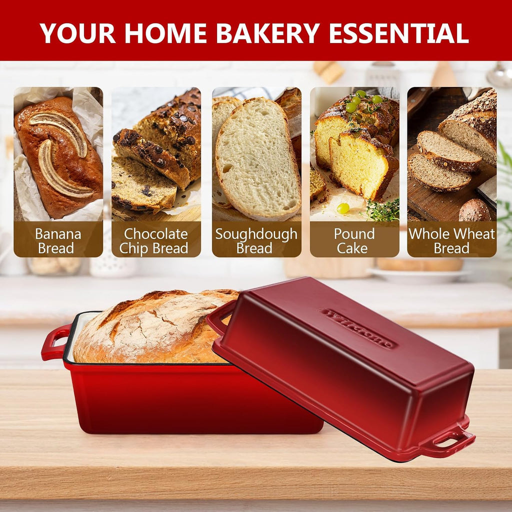 2 in 1 Enameled Cast Iron Bread Pan with Lid, 9X5 Loaf Pans for Homemade Sourdough Bread, Cake, Meatloaf, Even Heating Bread Dutch Oven, Red