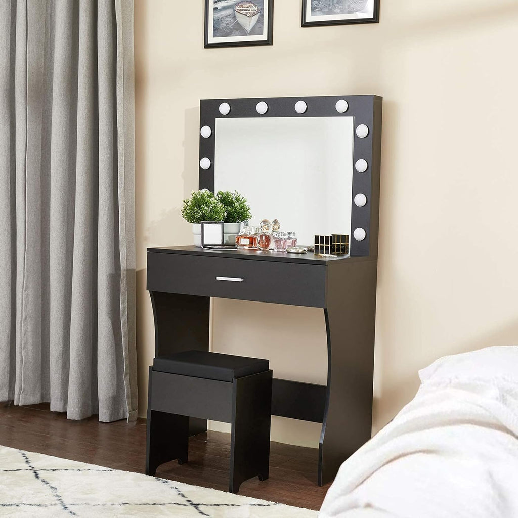 Professional Makeup Vanity Desk with Mirror and Adjustable Lighting, Sturdy Wood Construction, Large Drawer, 31.5 Inches, Black