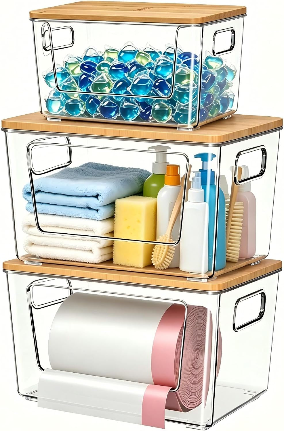 3 Pack Trash Bag Holder with Bamboo Lid Stackable Trashbag Dispenser