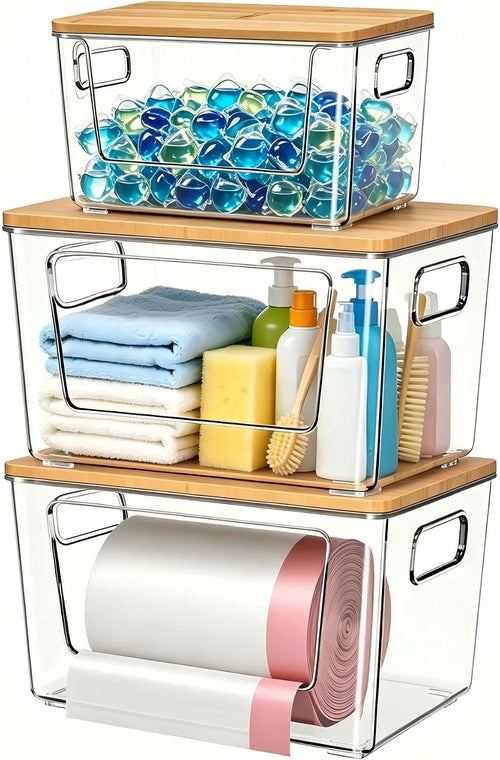 3 Pack Trash Bag Holder with Bamboo Lid Stackable Trashbag Dispenser