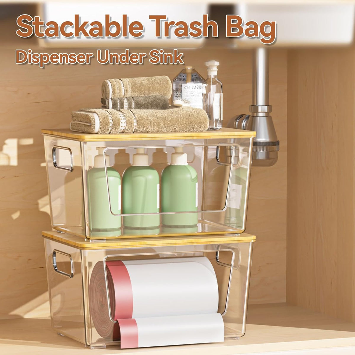 3 Pack Trash Bag Holder with Bamboo Lid Stackable Trashbag Dispenser