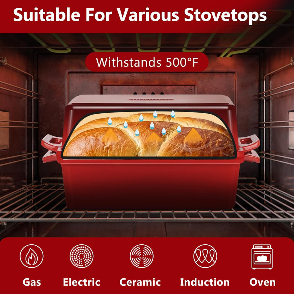 2 in 1 Enameled Cast Iron Bread Pan with Lid, 9X5 Loaf Pans for Homemade Sourdough Bread, Cake, Meatloaf, Even Heating Bread Dutch Oven, Red