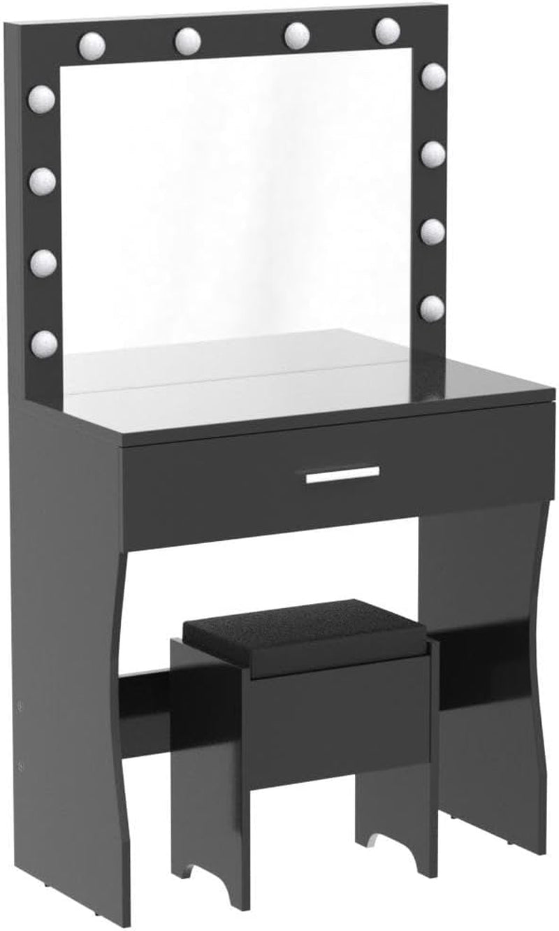 Professional Makeup Vanity Desk with Mirror and Adjustable Lighting, Sturdy Wood Construction, Large Drawer, 31.5 Inches, Black