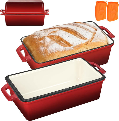 2 in 1 Enameled Cast Iron Bread Pan with Lid, 9X5 Loaf Pans for Homemade Sourdough Bread, Cake, Meatloaf, Even Heating Bread Dutch Oven, Red