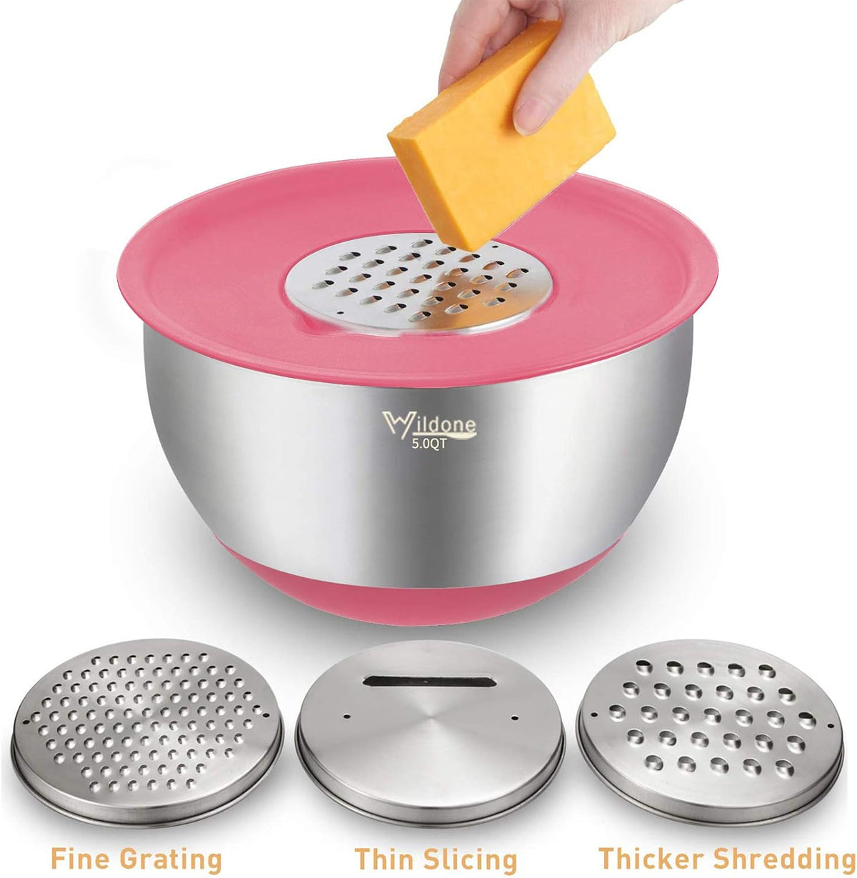 Mixing Bowls with Airtight Lids Set, 5PCS Stainless Steel Nesting Bowls for Kitchen, with Grater Attachments & Non-Slip Bottoms, Size 5, 3, 2, 1.5, 0.63 QT, for Baking & Serving (Colorful)