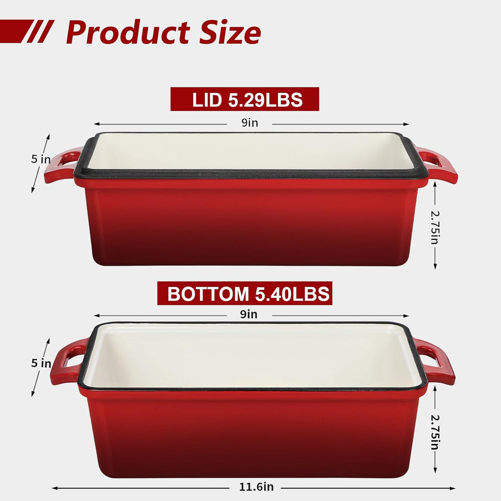 2 in 1 Enameled Cast Iron Bread Pan with Lid, 9X5 Loaf Pans for Homemade Sourdough Bread, Cake, Meatloaf, Even Heating Bread Dutch Oven, Red