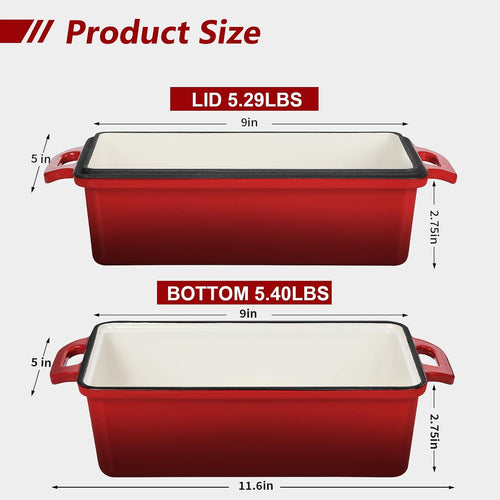 2 in 1 Enameled Cast Iron Bread Pan with Lid, 9X5 Loaf Pans for Homemade Sourdough Bread, Cake, Meatloaf, Even Heating Bread Dutch Oven, Red
